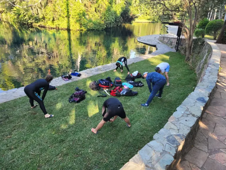 On land: breathing and stretching